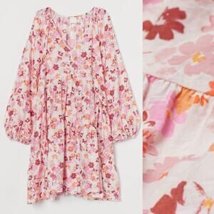 H&M • Pink + Orange Floral Print Long Sleeve A-Line Dress